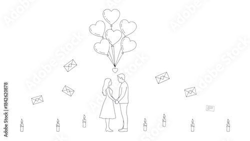 Love's Invitation: Two figures hold hands beneath a heart-shaped balloon bouquet, enveloped in an atmosphere of romance, with letters of affection gently floating around them.