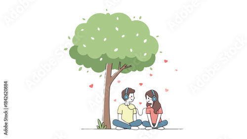 Harmony Under the Canopy: A couple sits serenely beneath a nurturing tree, sharing a moment of intimacy and connection as they listen to music, embraced by a gentle shower of hearts.