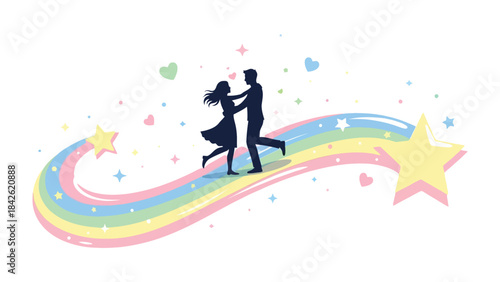 Dancing on a Rainbow: A romantic silhouette of a couple dances joyfully upon a vibrant rainbow, surrounded by hearts and stars. The scene radiates love, joy, and the magical essence of togetherness.