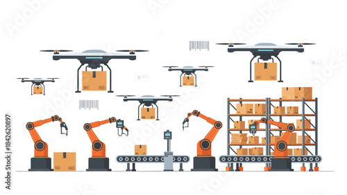 Automated warehouse robots and drones working together to manage and transport packages efficiently in a modern logistics system