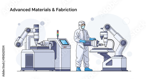 Automated fabrication process with robotic arms and a protected worker in cleanroom conditions