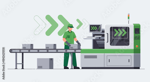 Automated factory with operator ensuring product packaging quality and consistent output of goods