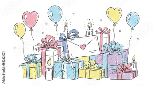 Gifts and Festivities: A whimsical array of vibrant, beautifully wrapped gift boxes and heart-shaped balloons create a scene of joy and celebration.
