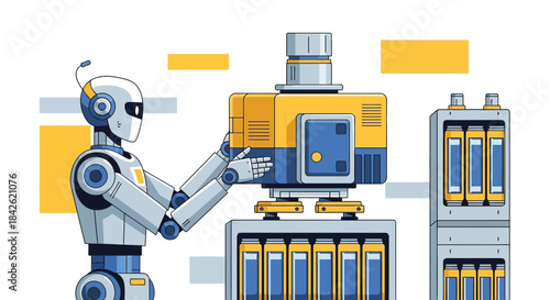 Automated manufacturing process featuring a robot working in a modern factory assembly line