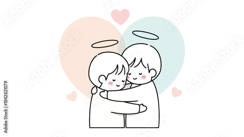 Cuddling Pair Embraces Love's Gentle Embrace: Two figures, bathed in a heart-shaped aura, tenderly embrace, celebrating the purest form of affection and connection.