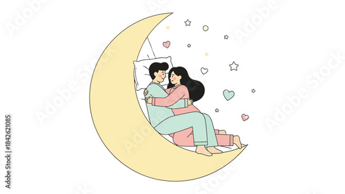 Celestial Embrace: An Illustration of Love and Peace on a Crescent Moon. A tender moment of closeness is captured as a couple peacefully embrace while nestled on a crescent moon.