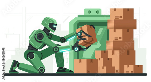 Automated logistics: A green robot handling parcels in a modern warehouse environment depicting