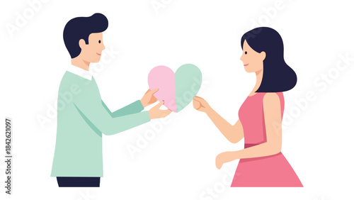 Illustration of Connected Hearts: An illustration of a couple joining together two halves of a heart, the artwork encapsulates themes of love, connection, unity, and partnership. 