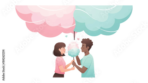 A Cotton Candy Moment: A tender moment as two individuals share a swirl of cotton candy, embodying sweetness and connection. Perfect for expressing affection and shared joy.