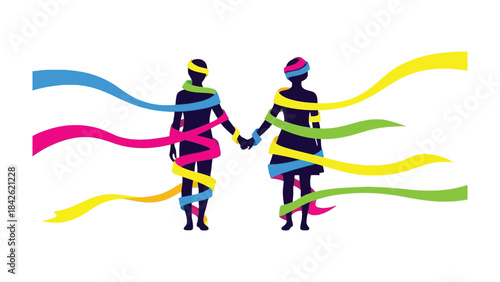 Intertwined: A symbol of unity as two figures, their forms embraced and connected by vibrant ribbons of color, represent the bonds of human connection and mutual support. 