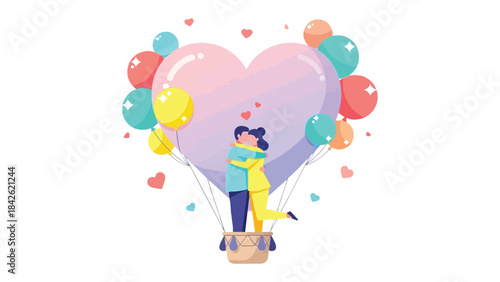 Love's Flight: A couple embraces inside a heart-shaped hot air balloon, floating amongst an array of colorful balloons, embodying love and shared adventure. 