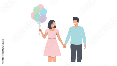 Love's Delight: A couple share a tender moment, their hands entwined, with pastel balloons floating nearby. A simple depiction of affection and togetherness.