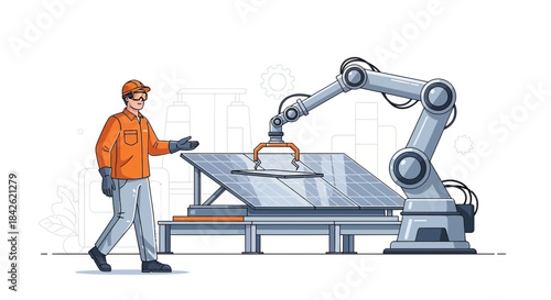 Automated solar panel manufacturing featuring a worker and robotic arm, symbolizing energy