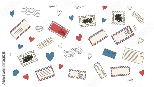 Letters of Love and Connection: A whimsical arrangement of letters, stamps and hearts evokes feelings of nostalgia, longing, and warmth. conveying the personal connection and thoughtful communication.
