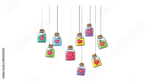 Love Potions Hanging: Enchanting vials, each containing a vibrant heart, dangle playfully, representing a mix of love and affection. A delightful scene, filled with emotion.