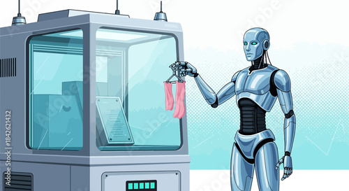 Automated textile inspection process performed by futuristic humanoid robot in laboratory setting