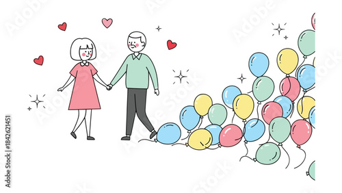 Holding Hands with Love: A charming illustration depicts a couple holding hands, their hearts filled with affection, accompanied by a vibrant collection of balloons.