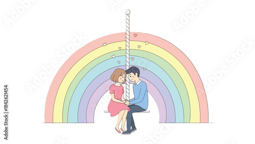 Rainbow Romance: A tender moment of togetherness unfolds as a couple sits on a swing under a vibrant rainbow, symbolizing love, hope, and the promise of a bright future.