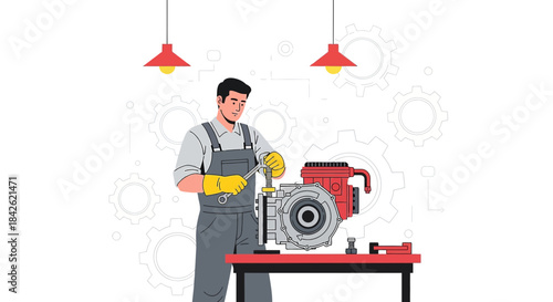 Automotive technician repairing a car engine in a workshop with precision and expertise