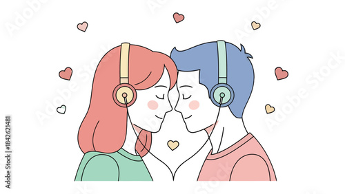 Harmonious Melody: A couple is depicted, their shared love symbolized through entwined headphones, each listening to the same music, hearts floating around them
