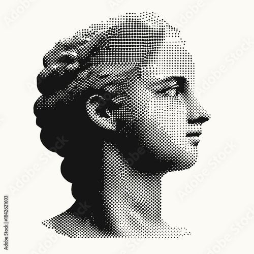Halftone vintage profile of ancient female sculpture bust with textured dotted collage effect minimalist vector design for retro modern art and classic portrait concept