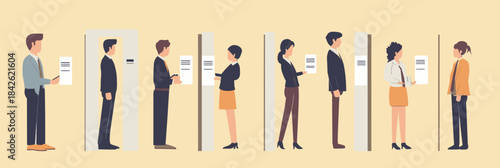 Diverse business people standing in separate interview rooms holding resumes and waiting for job recruitment evaluation process in office vector illustration