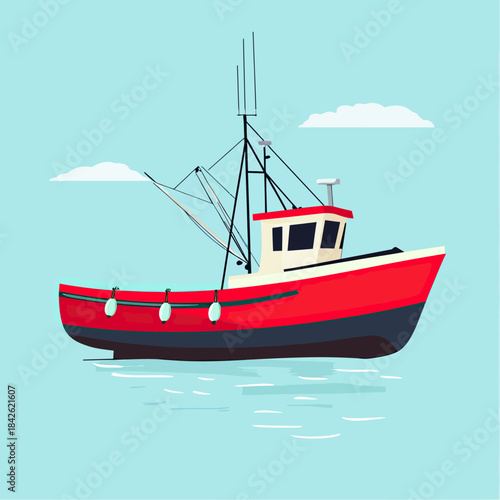 Red fishing boat vector illustration floating on calm water with blue sky and clouds in flat minimalist style for maritime and sea transport concepts