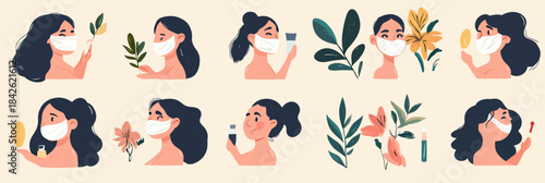 Women in face masks applying skincare products and holding flowers in flat minimalist vector illustration set for beauty and skincare routine concept