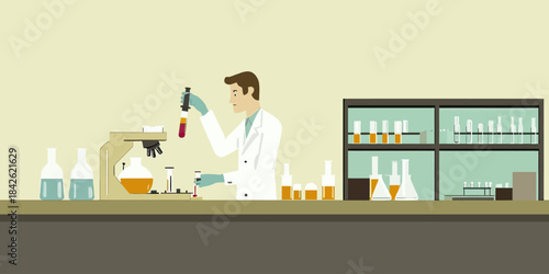 Male scientist conducting chemical experiment with test tubes and laboratory glassware in research lab flat vector illustration