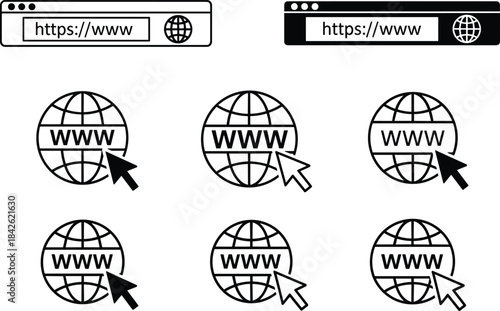 Web browser icons, internet domain symbols, website URL graphics, global www pointer elements, online navigation tools, digital browsing illustration – cad drawing flat vector illustration