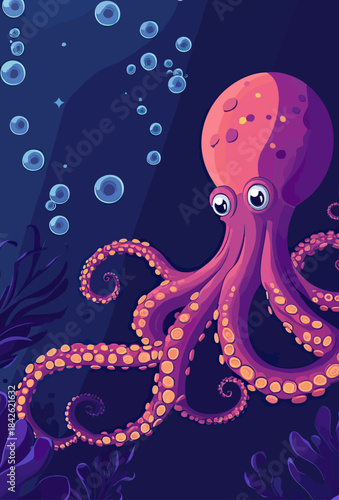 Cartoon purple octopus with yellow suction cups underwater sea creature with bubbles and seaweed flat vector illustration in ocean deep habitat