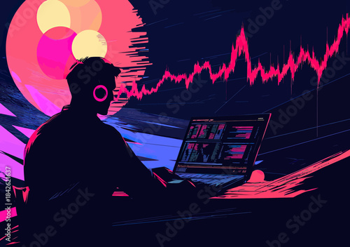 Silhouette of investor using laptop with financial stock market charts and pink graph lines in futuristic digital trading environment vector illustration
