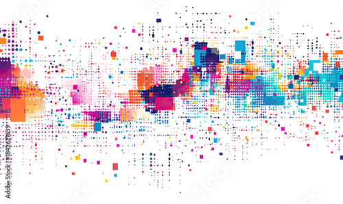 Colorful abstract pixel grid digital pattern with vibrant mosaic squares and dots on white background for technology and data visualization design