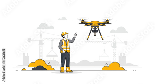 Construction worker utilizing drone technology for site inspection and progress monitoring in