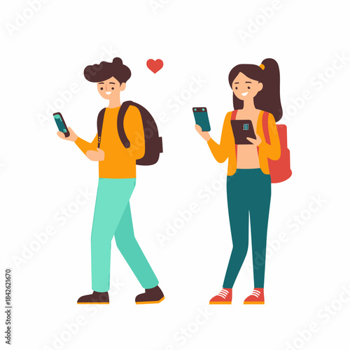 Young man and woman using smartphones with backpacks sending love heart message digital communication flat vector illustration modern technology connection concept