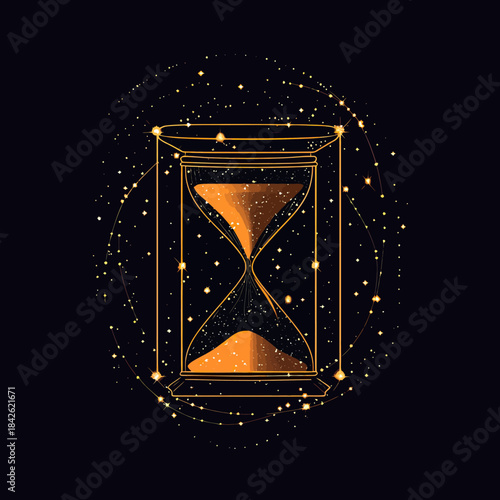 Golden hourglass with glowing particles and abstract cosmic starry background symbolizing time and universe connection vector illustration