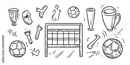 Hand drawn doodle soccer elements set including football goals, balls, whistles, trophies, and celebration confetti in sketch style vector illustration