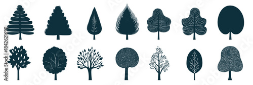 Set of black silhouette tree icons collection in minimalist flat style with diverse deciduous and coniferous shapes isolated on white background for logo design and nature concept