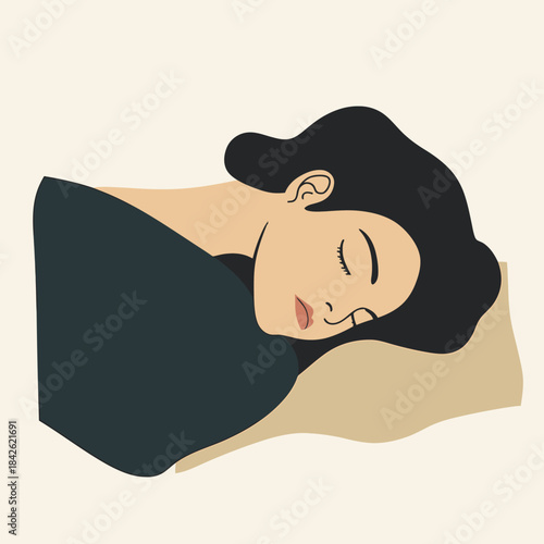 Minimalist vector illustration of peaceful woman sleeping on side with closed eyes dark hair resting on pillow flat style design
