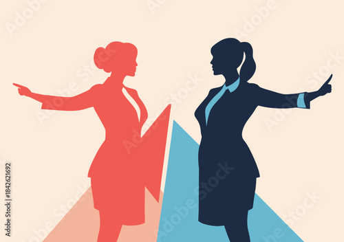 Silhouettes of two business women standing back to back pointing left and right representing decision making and choosing career direction vector illustration