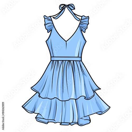 Light blue ruffle layered halter neck summer dress with deep V neckline and flutter sleeves fashion illustration flat vector