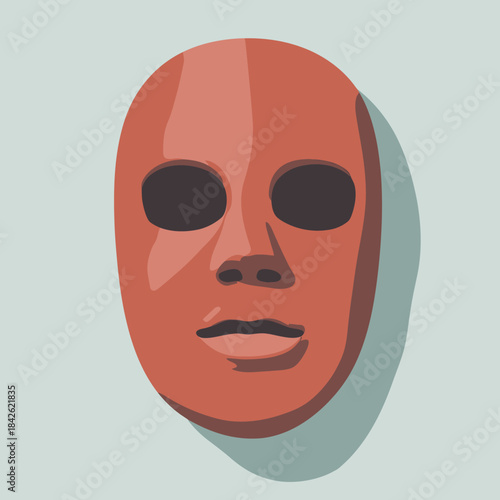Minimalist flat vector illustration of smooth reddish clay facial mask with eye and mouth cutouts casting shadow on light background for skincare beauty concept