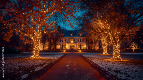 Festive luxury country estate glows with magical Christmas lights evoking sense of joy and wonder, with hint of jazz music in air