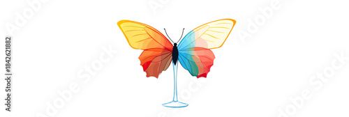 Colorful butterfly with gradient orange yellow and blue red wings perched on delicate thin transparent glass stem vector illustration isolated on white background minimalistic design