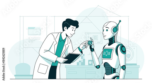 Depiction of medical experts and cutting-edge robotic collaboration for future healthcare