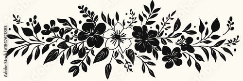 Black and white floral bouquet border with hand drawn wildflowers and leaves elegant botanical vector illustration for decorative design and pattern background