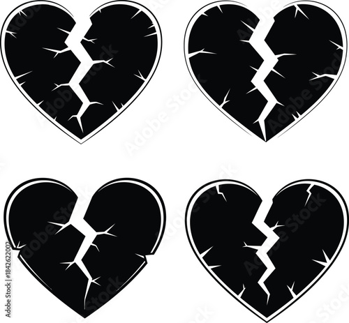 Broken heart crack silhouette set, heartbreak symbols in black with outline