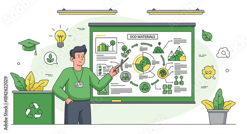 Eco-Friendly Presentation: Man Explaining Sustainable Materials and Recycling Processes with Green