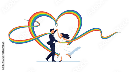 Love's Rainbow Dance: An illustration of a couple dancing joyfully, with a rainbow-colored heart forming behind them, representing love, acceptance, and unity.