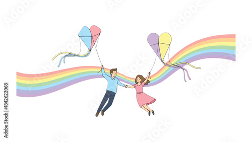 Soaring High: A joyful couple joyfully flies kites in an airy and colorful atmosphere, symbolizing freedom and the sweetness of togetherness.